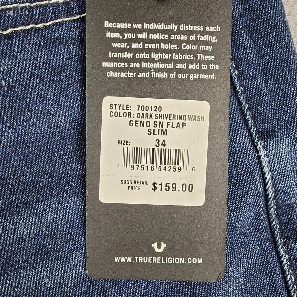 True Religion Geno SN Flap Jeans Mens 34x31 Blue Relaxed Slim Dark Stretch Denim